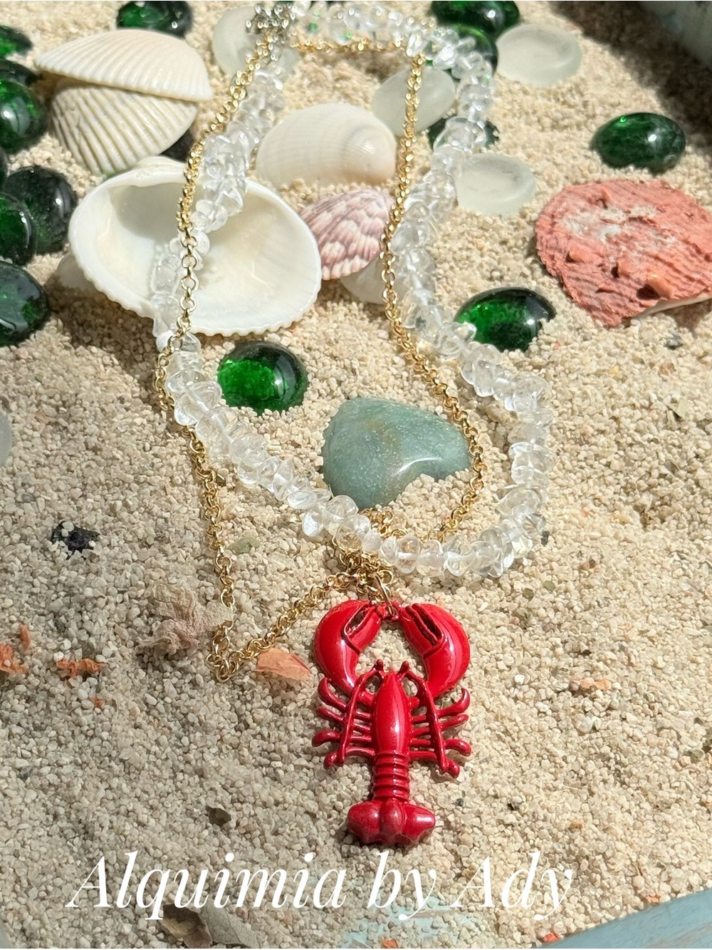 Pink and Turquoise Beaded Gemstone Necklace with SEASIDE Lobster Charms - Picture 10 of 13